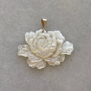 Solid 14K Yellow Gold Natural Mother of Pearl Flower Pendant, Birth Flower